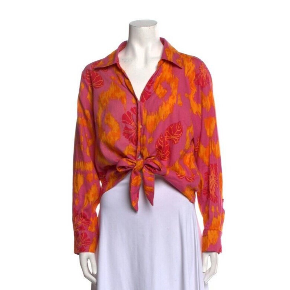 Christian Siriano New York Womens Small Pink Orange Ikat Floral Linen Tie‎ Front